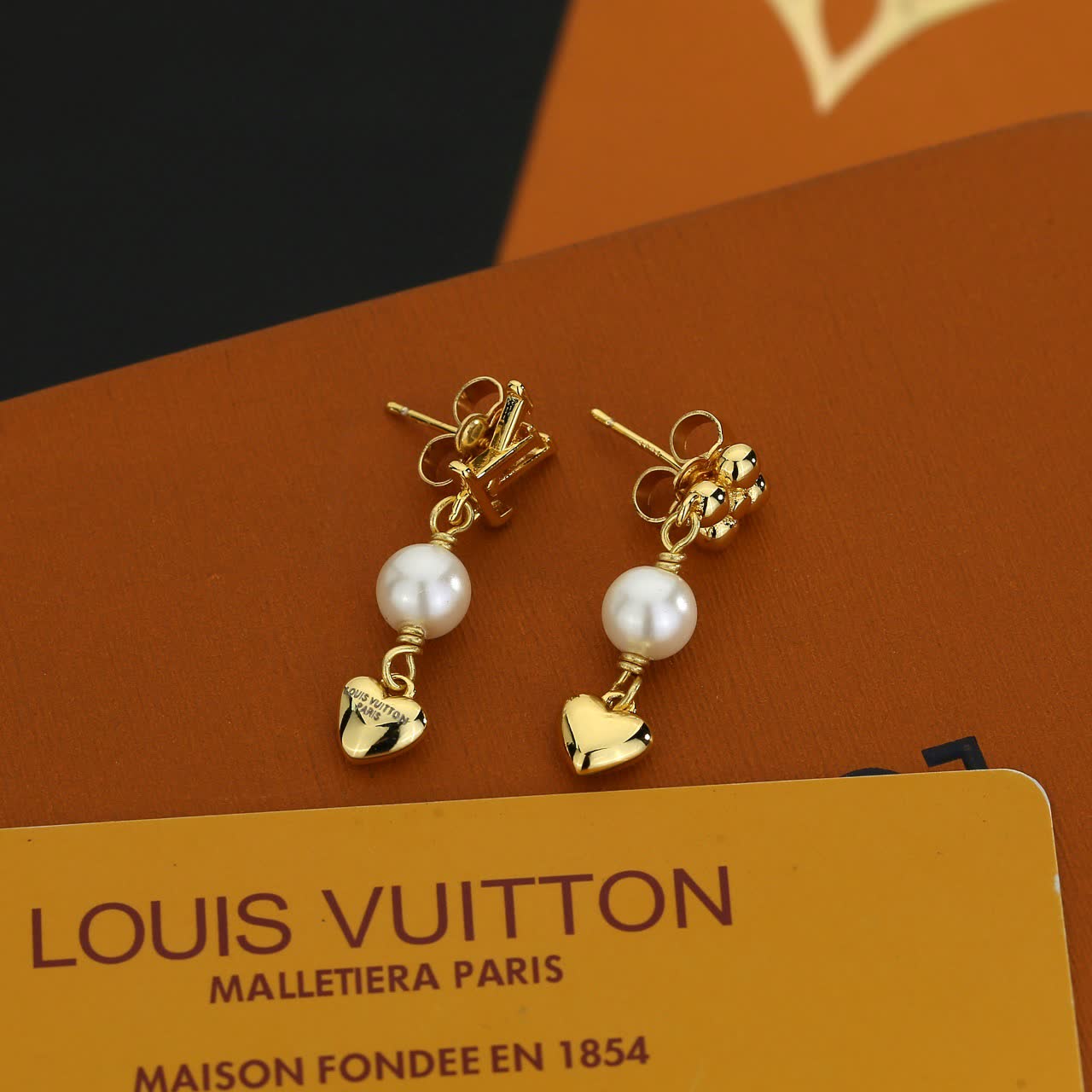 Louis Vuitton Gold Heart Pearl Drop Earrings